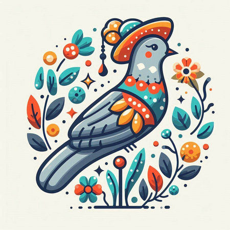 Hand drawn vector illustration of a pigeon in a hat and flowers.のイラスト素材