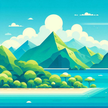 Summer landscape with mountains, sea and sky. Vector illustration in cartoon styleのイラスト素材