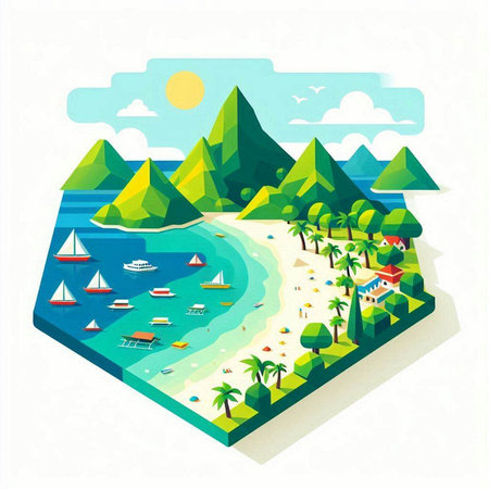 isometric beach and tropical island. Summer vacation concept. Vector illustrationのイラスト素材