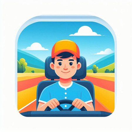 Vector illustration of a boy driving a car on a rural road.のイラスト素材