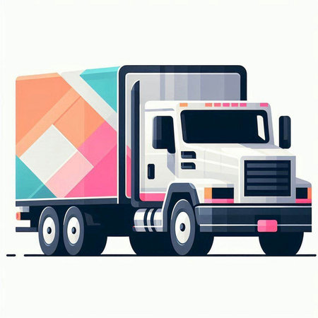 Illustration of a white truck with colorful abstract elements on a white backgroundのイラスト素材