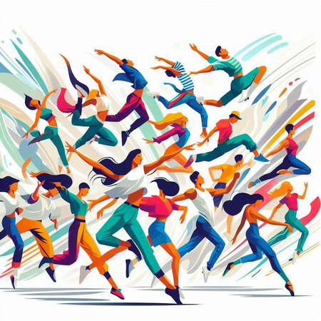 Group of young people jumping and dancing. Colorful vector illustration.のイラスト素材