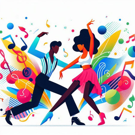 Dancing people. Colorful background with musical notes. Vector illustration.のイラスト素材