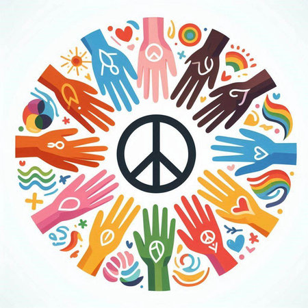 World peace day vector illustration with hands and peace symbol in circle shapeのイラスト素材