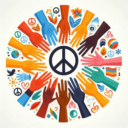 Hands of people around the peace symbol. Vector illustration in a flat style.のイラスト素材
