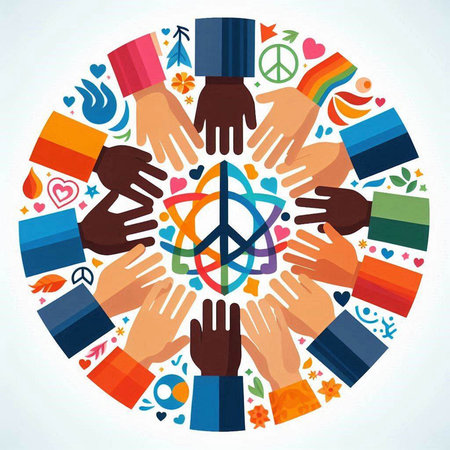 Group of hands in circle with peace sign. Vector illustration for design.のイラスト素材