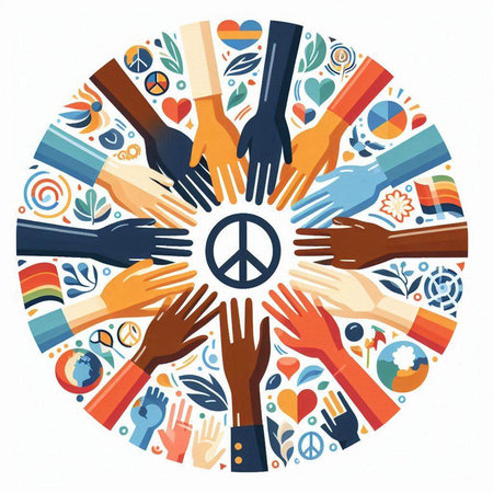 Circle of hands with peace sign in center. Vector illustration.のイラスト素材