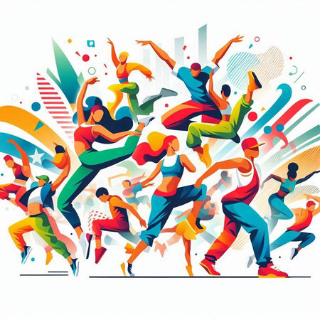 Dancing people. Colorful vector illustration of a group of dancers.のイラスト素材