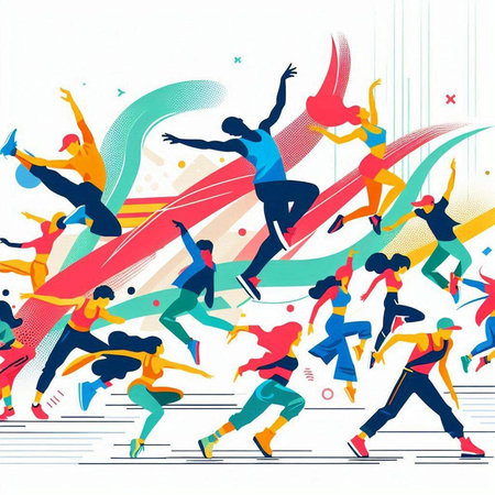 Group of young people running and jumping. Vector illustration in flat style.のイラスト素材