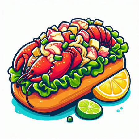 Lobster with salad and lemon on a white background. Vector illustration.のイラスト素材