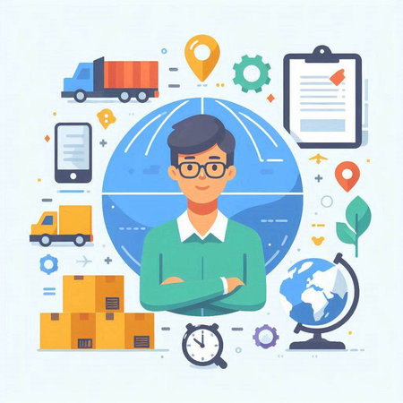 Flat design illustration concept of logistic and delivery. Businessman with glasses standing near the globe.のイラスト素材