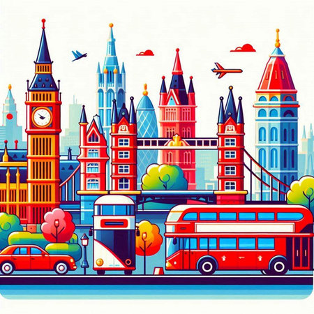 London cityscape with bus and red double decker. Vector illustration.のイラスト素材