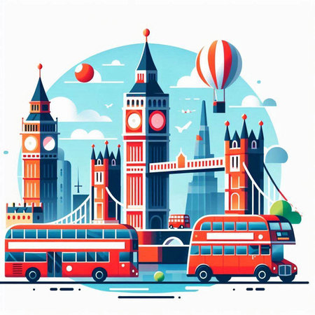 London, United Kingdom. Big Ben, Tower Bridge, Double decker bus. Travel concept. Vector illustrationのイラスト素材