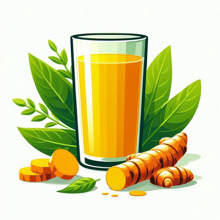 Fresh turmeric juice in a glass on a white background. Vector illustrationのイラスト素材