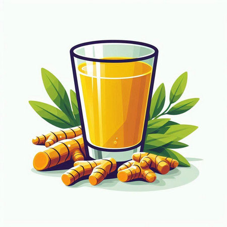 Turmeric juice in a glass with fresh turmeric leaves. Vector illustration.のイラスト素材