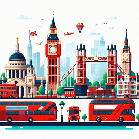 Big Ben, London Bridge and red double decker buses. Vector illustration.のイラスト素材