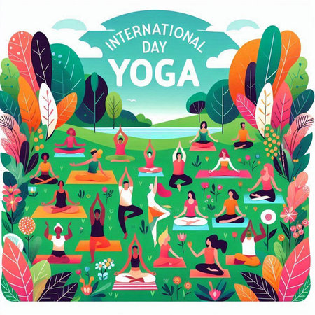 Yoga day poster with people practicing yoga in park, vector illustrationのイラスト素材