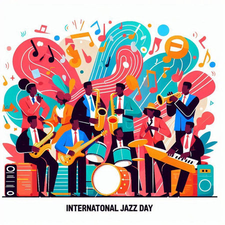 International Jazz Day. Group of people playing musical instruments. Vector illustrationのイラスト素材