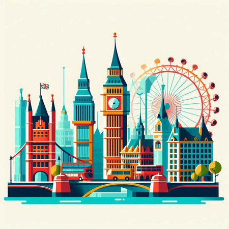 Big Ben and London skyline. Vector illustration in flat design style.のイラスト素材