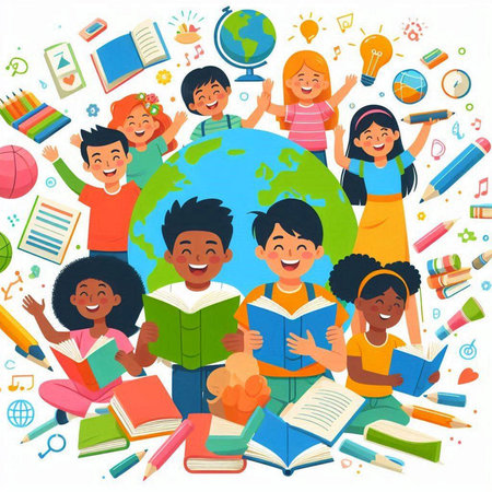 Happy children with books, globe and school supplies. Vector illustration.のイラスト素材