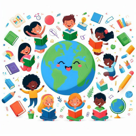 Happy children reading books around the world. Education concept. Vector illustration.のイラスト素材