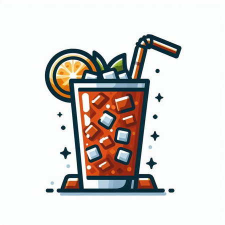 Cocktail with ice, lemon and straw. Vector illustration.のイラスト素材