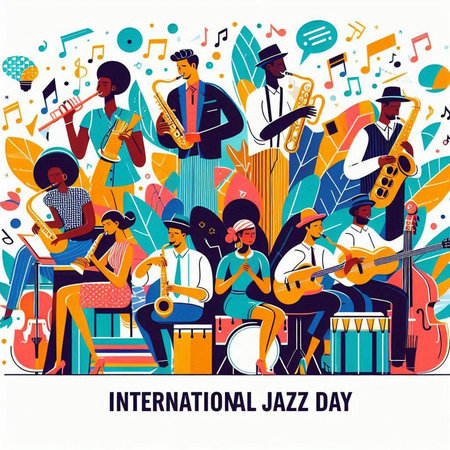 International Jazz Day. Flat style vector illustration on white background with musical instruments.のイラスト素材