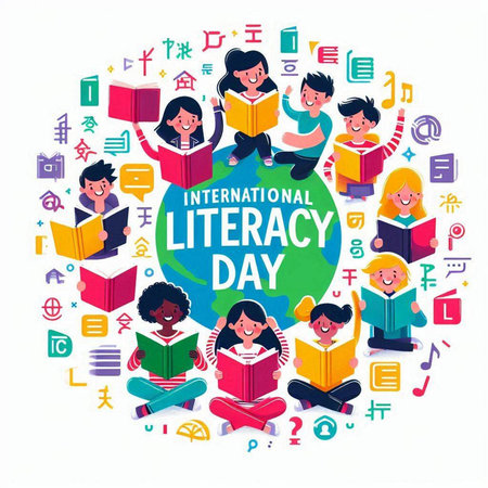 International literacy day poster with children reading books around globe. Vector illustrationのイラスト素材