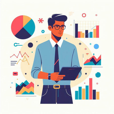 Businessman with a tablet in his hands. Vector illustration in flat styleのイラスト素材