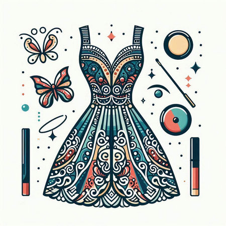 Vector illustration of woman dress and accessories for make-up. Doodle style.のイラスト素材