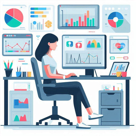 Business woman working on computer in office. Businesswoman sitting on chair in front of computer monitor with charts and graphs. Vector illustration in flat styleのイラスト素材