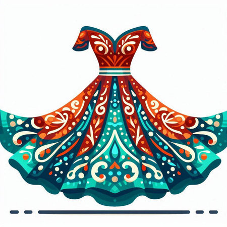 Fashion illustration of beautiful woman's dress with ornament. Vector illustration.のイラスト素材