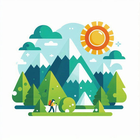 Vector illustration of mountain landscape with sun and forest in flat style.のイラスト素材