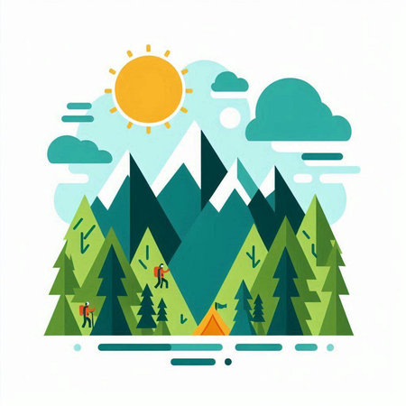 Mountains and forest in flat style. Vector illustration eps10のイラスト素材
