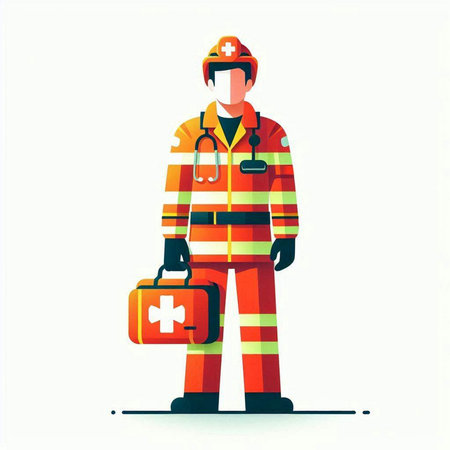 Firefighter in uniform with first aid kit. Vector illustration in flat styleのイラスト素材