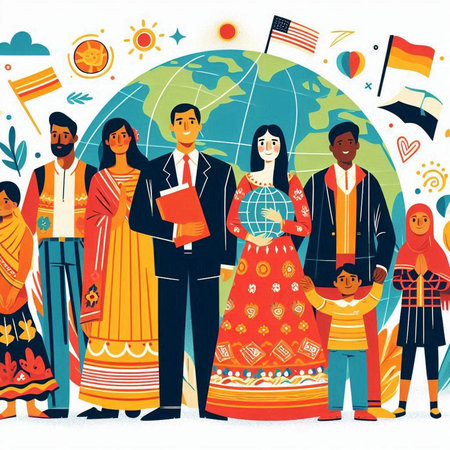 People of different nationalities and nationalities on the background of the globe. Vector illustration.のイラスト素材