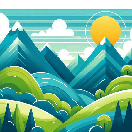 Nature background with mountains and sun in the sky. Vector illustration.のイラスト素材