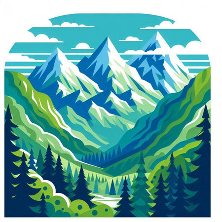 Mountain landscape with coniferous forest and mountains. Vector illustration.のイラスト素材