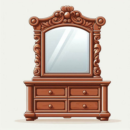 Antique wooden chest of drawers with mirror. Vector illustration.のイラスト素材