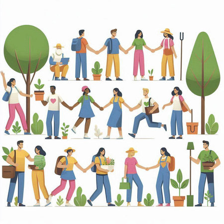 Set of people with plants and garden tools. Flat style vector illustration.のイラスト素材