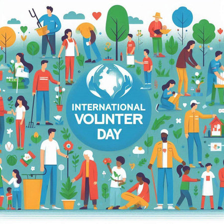 International Volunteer Day. Vector illustration in flat style with people and nature.のイラスト素材