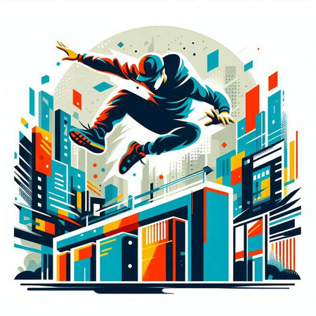 Vector illustration of a breakdancer jumping on the city background.のイラスト素材