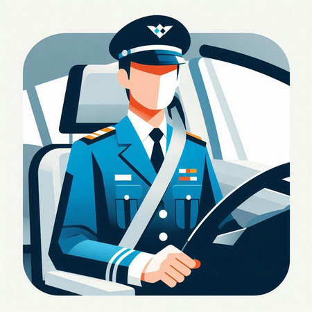 Vector illustration of a police officer driving a car with a steering wheelのイラスト素材