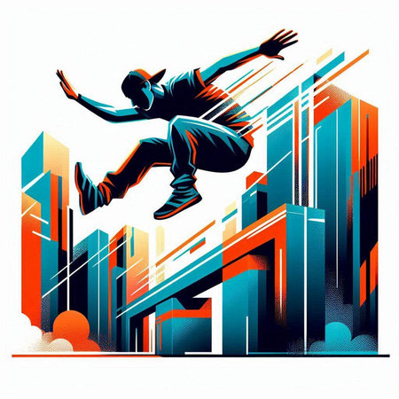 Hip hop dancer jumping over skyscrapers. Vector illustration.のイラスト素材