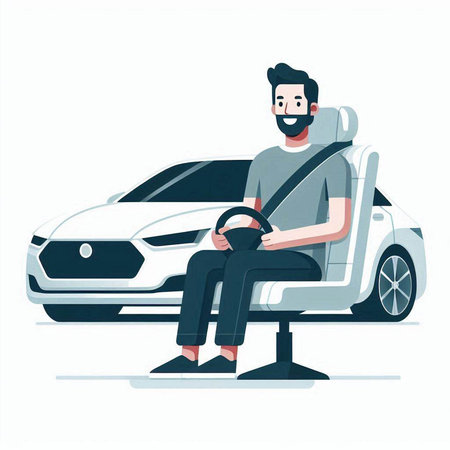 Man sitting on car seat and holding steering wheel. Vector illustration.のイラスト素材