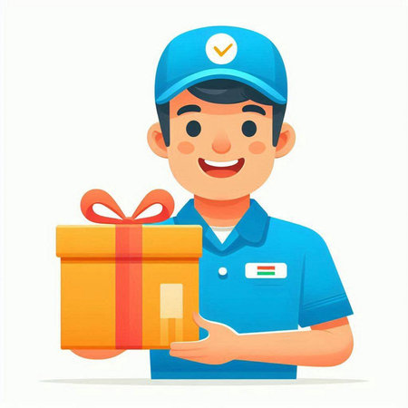 Smiling delivery man in blue uniform holding a gift box. Vector illustration.のイラスト素材