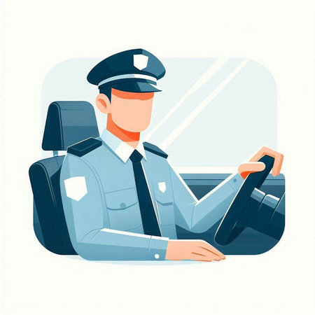 Policeman driving a car. Vector illustration in flat style.のイラスト素材