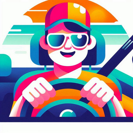 Woman driving a car with a steering wheel. Vector illustration in a flat style.のイラスト素材