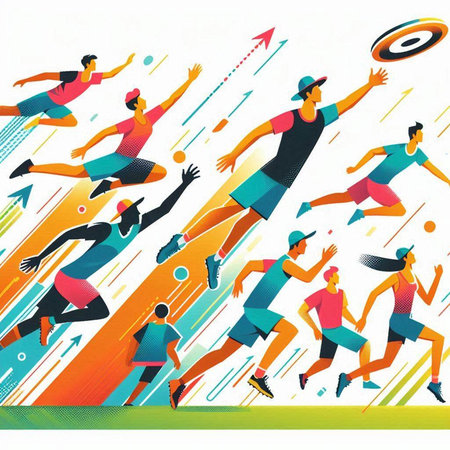 Group of young people running in the rain. Vector illustration in flat style.のイラスト素材