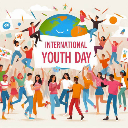 International Youth Day. Group of diverse people holding banner with copy space.のイラスト素材